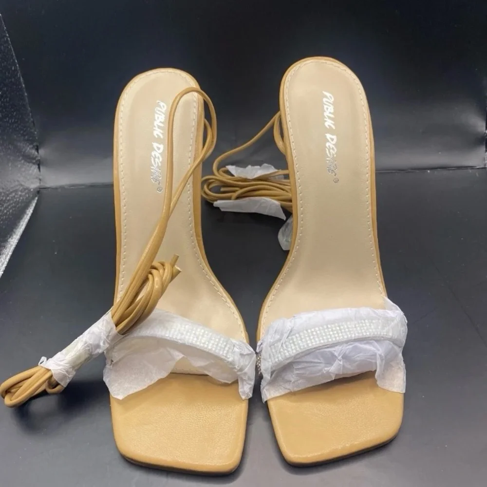 Public Desire- Fawn Heel Sandals w/Ankle Tie- Women’s 7-Color: Beige-NEW!! - Picture 2 of 11